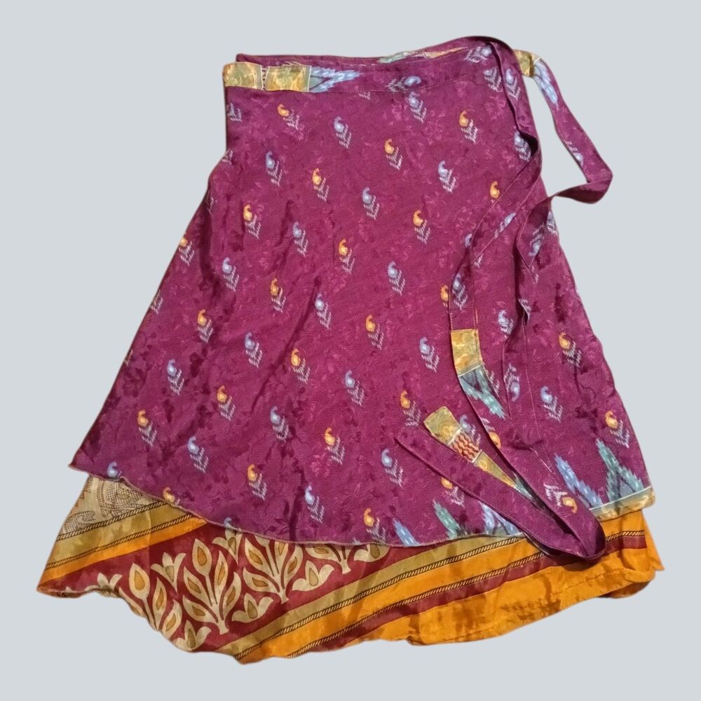 Darn Good Yarn Recycled Sari Silk Wrap Skirt Womens 8-20 Adjustable Boho Tea